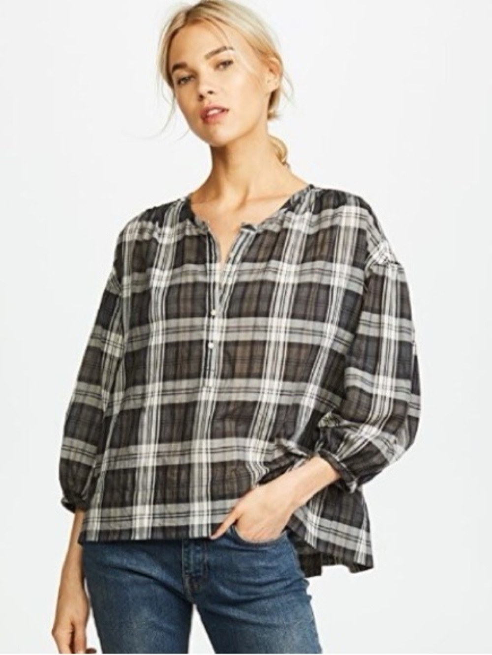 Nili Lotan Plaid V-Neck Top Sz Large